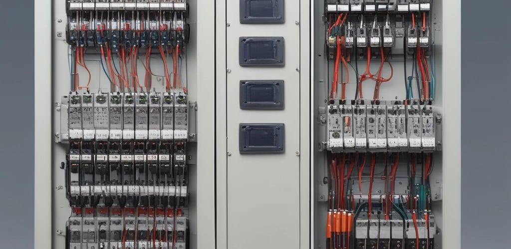 Close-up view of an electrical panel with a lockout tagout device attached. The panel is gray with multiple circuit breakers, and a red lock is secured with a Master Lock padlock for safety protocols.