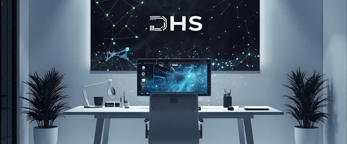 AI marketing workspace showing holographic data visuals used by Digital Horizon Studio.