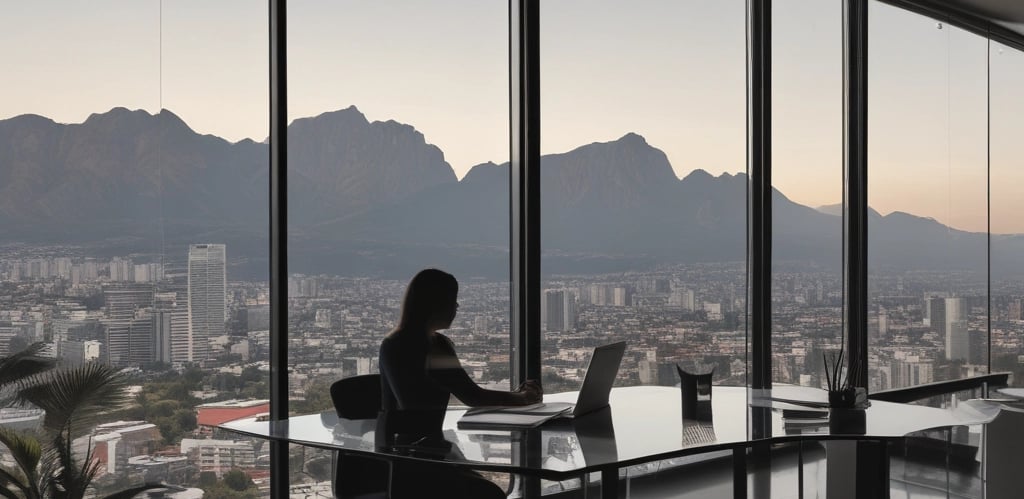 A professional consultation setting with a medical professional sitting at a desk facing a client. The room has a modern aesthetic with white walls decorated with framed certificates. The desk is organized with office supplies, a laptop, and a fruit bowl in the center.