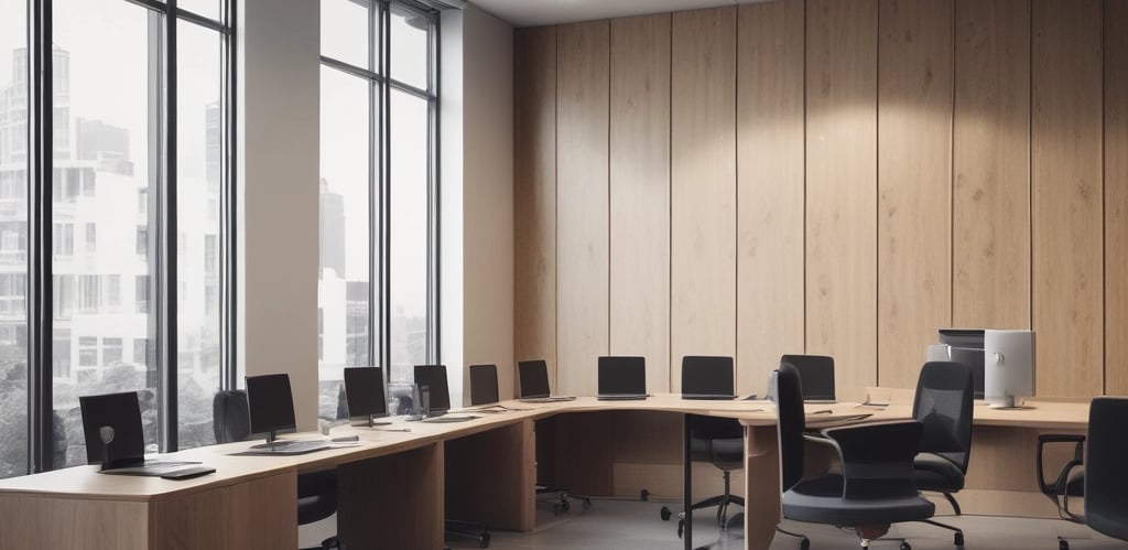 A dimly lit room features a prominent illuminated sign displaying the words 'Sysco LABS.' Below the sign are office desks with various electronic devices, including laptops and cables. The lighting creates a cool and professional atmosphere.