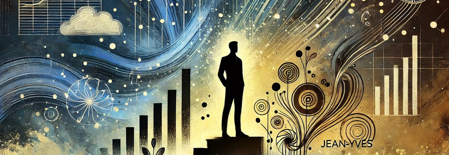A silhouette representing Jean-Yves and around him abstractions of data analytics, self-development