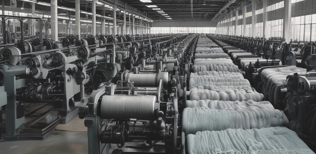 A diverse warehouse showing various construction materials, agricultural equipment, and textile products.
