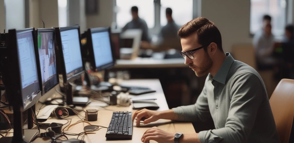 A diverse team collaborating over laptops and digital devices in a bright, modern office space.