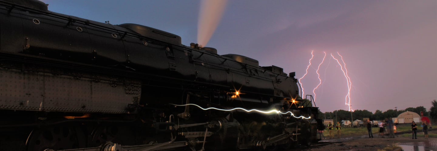 UP 4014 during a lightning storm in Kansas