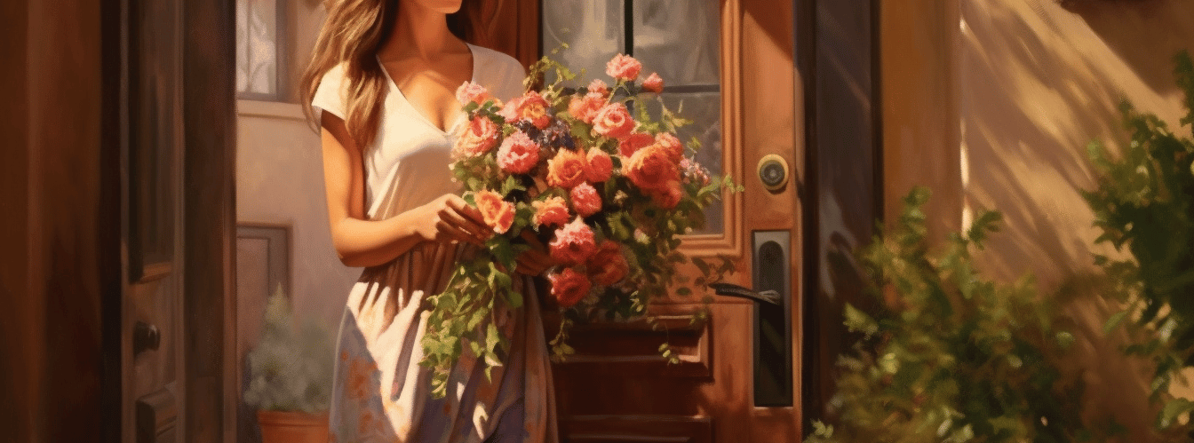 a woman in a dress is holding a bouquet