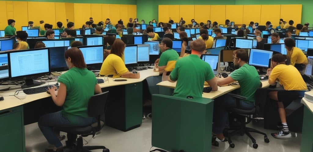 Modern office workspace with diverse team collaborating on technology projects