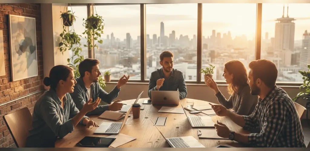 Professional digital marketing team collaborating on business strategy in modern office setting