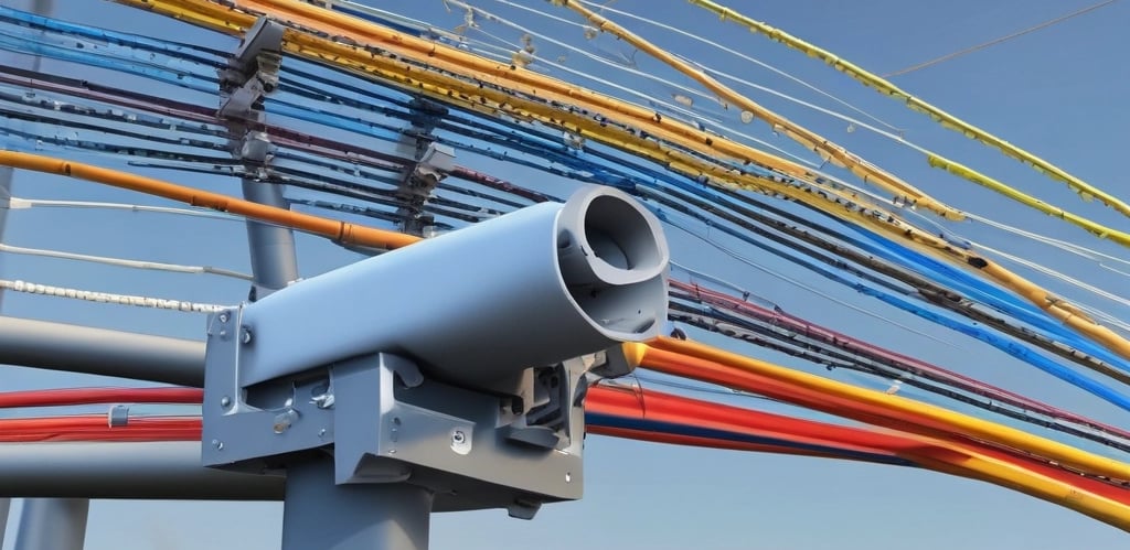 A modern workspace with a focus on technology. In the foreground, there is a black laptop with a distinctive logo placed on a table beside a smartphone propped on a stand. A man is sitting in the background, also using a similar laptop. The setting is minimalistic with a combination of white furniture and a textured brick wall.