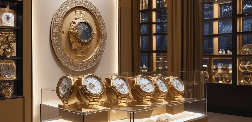 A luxurious gold necklace adorned with sparkling gems is elegantly displayed on a red velvet mannequin stand. The lighting highlights the intricate details and the lustrous finish of the jewelry, creating a sense of opulence.