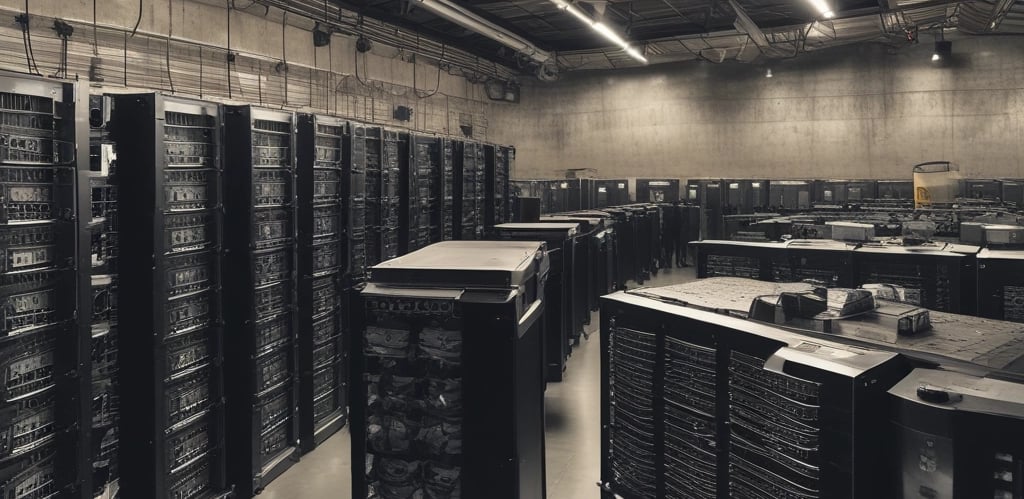 Aerial view of a bitcoin mining facility surrounded by technology equipment.