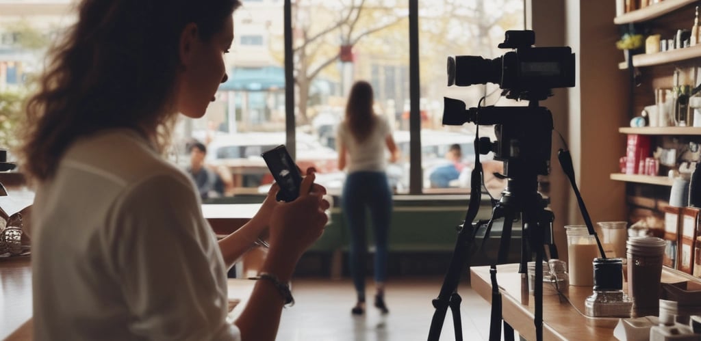 A workspace featuring a whiteboard with a social media content schedule, organized by day and platform, using sticky notes in varying colors. A wooden table holds an open laptop displaying a social media management application, alongside pens and small circular items.