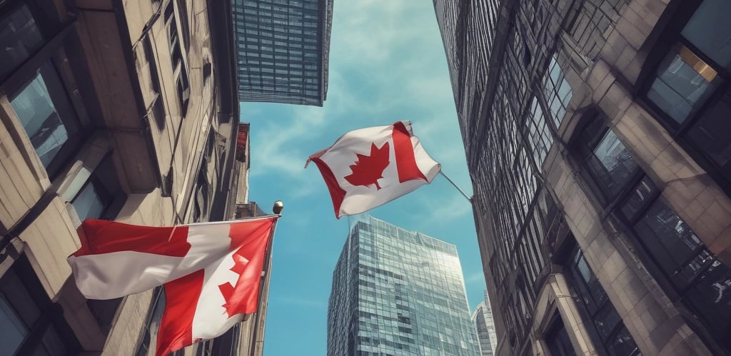 A warm handshake between two people with a Canadian flag in the background symbolizing connection.