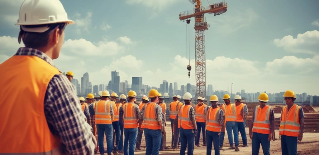 Professional team discussing construction project plans in an office setting.