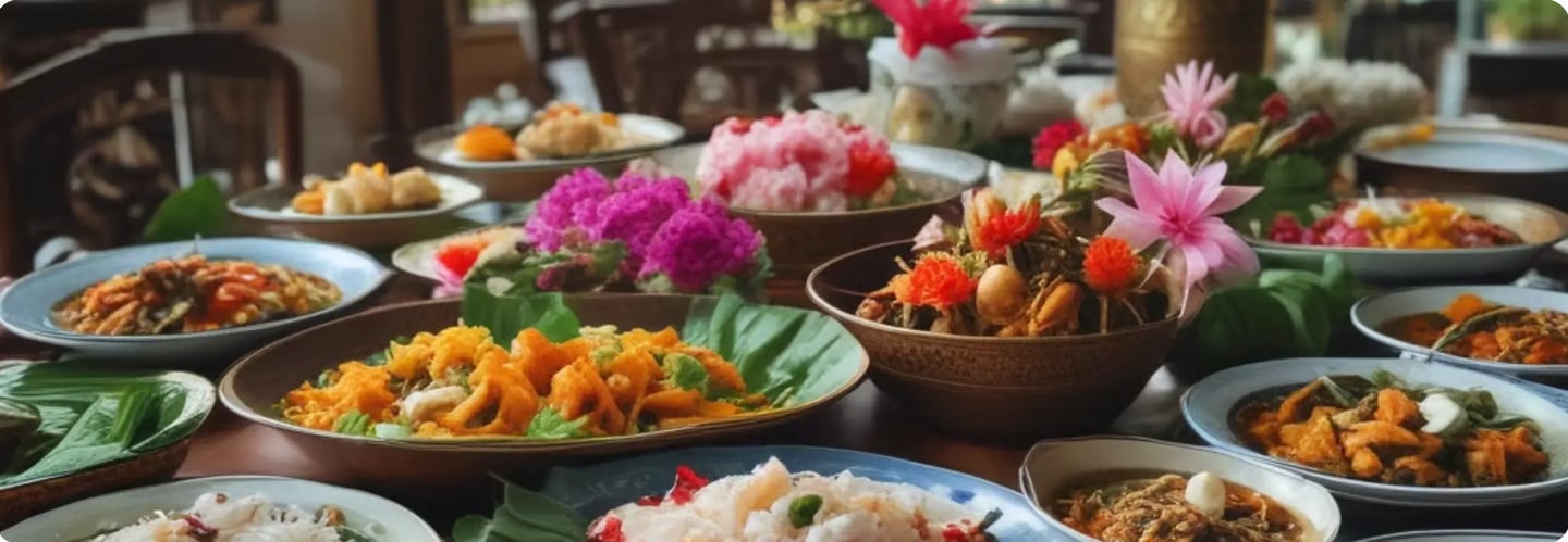 A wide variety of colorful traditional Thai cuisine dishes served on a table with floral garnishes.