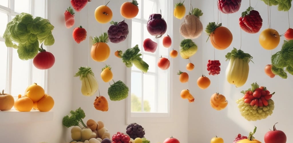 Floating food items including cherry tomatoes, almonds, cashews, slices of red bell pepper, cheese cubes, lettuce, and ham. A fork is levitating among these ingredients. The letters spelling 'DIET' are arranged with small tiles like a game. The background is a solid light green color.