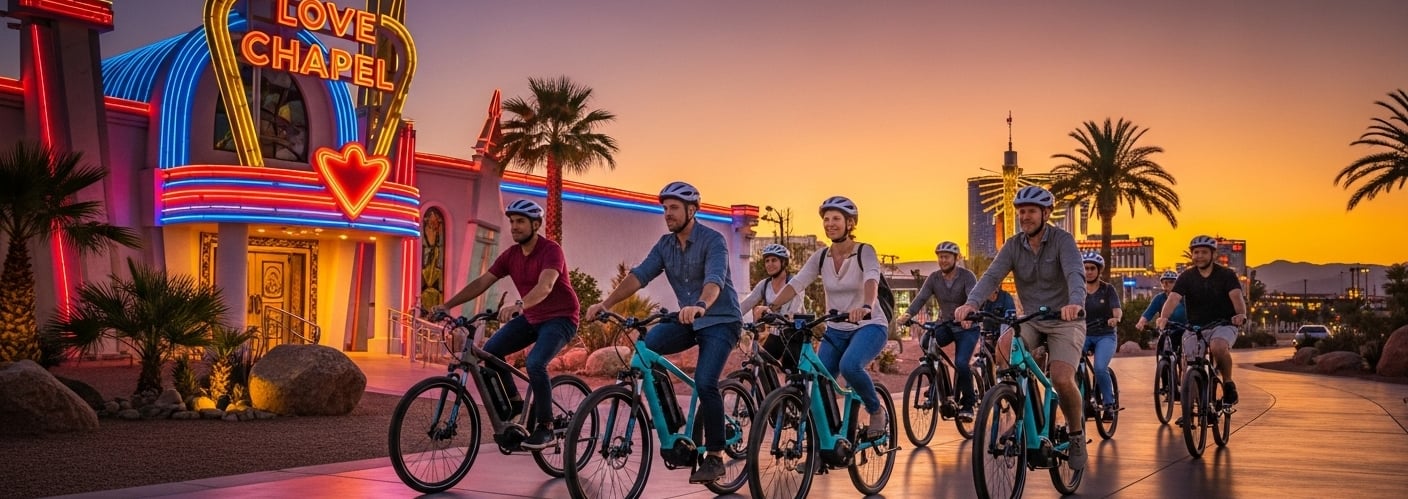 a group of tourists riding bikes in front of a wedding chapel