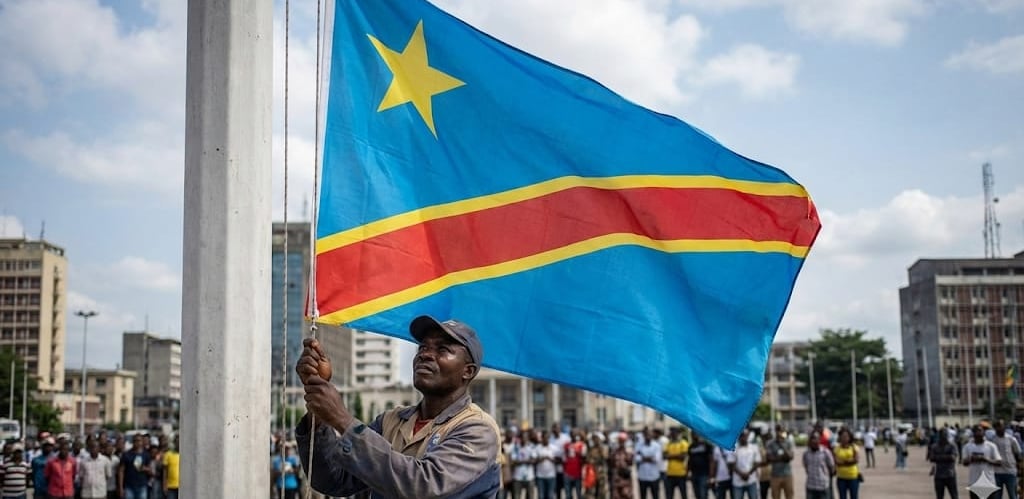 a man holding a flag in front of a crowd of people