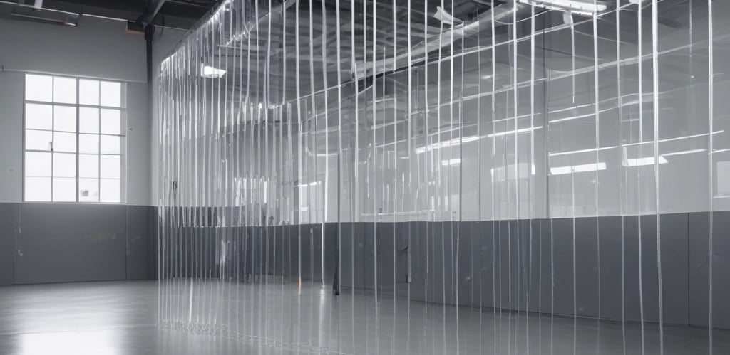 Vertical, textured curtains with light streaming through, creating a pattern of shadows.