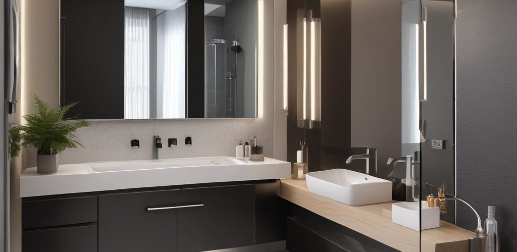 A modern fashion retail store with a minimalist facade. The storefront features a large glass window displaying a clothing rack with various garments, including shirts, pants, and dresses in pastel and neutral colors. The exterior wall is covered in dark gray tiles, with a small, rectangular window reflecting a tree.