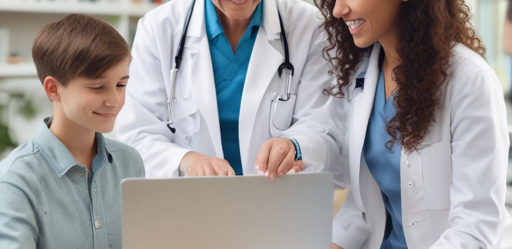Hands typing on a laptop with a stethoscope resting on the wooden table beside it. The setting suggests a work environment that combines technology with healthcare.