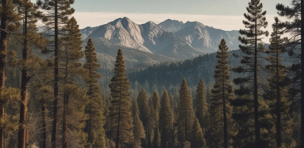 A small town street lined with trees and a clear sky. In the foreground, there is a sign for Idyllwild Realty and a 'no parking' sign. Mountains are visible in the background, and a person is walking down the street.