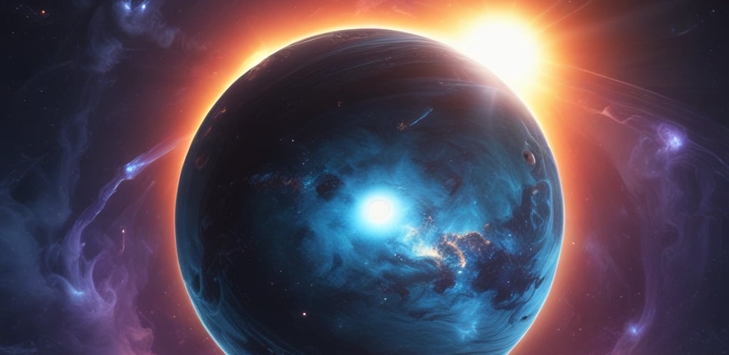 A vast and dark space scene peppered with numerous small celestial objects resembling stars and planets. A large, bright nebula dominates the upper part of the image, casting a diffuse glow against the black backdrop. In the lower right corner, a prominent planet is partially visible, appearing spherical and shaded in gray.