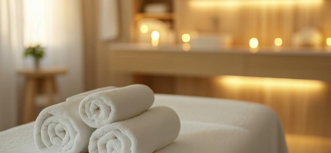 Mesa de masaje con toallas blancas enrolladas, luz cálida y velas encendidas en un ambiente elegante
