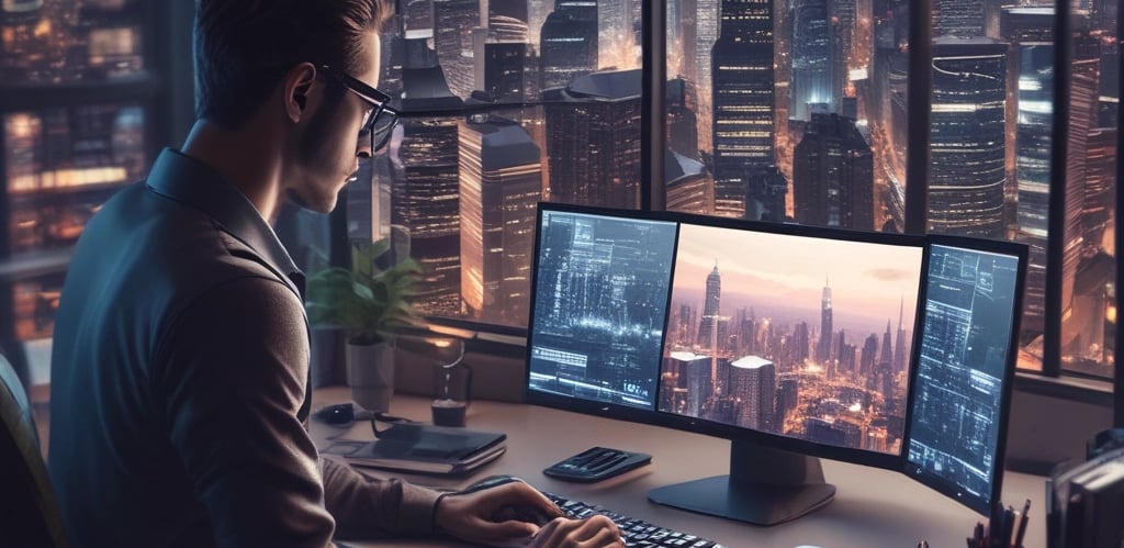 A modern workspace featuring a large monitor and an open laptop, both displaying content related to social media. A piece of paper titled 'Content Strategy' lies on the desk, accompanied by a keyboard, mouse, and some small tech accessories. The background is a teal color, adding a vibrant touch to the setup.