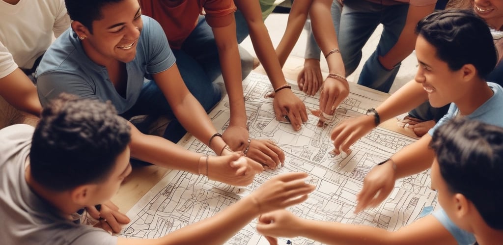 A vibrant red card with the word 'HEALTH' prominently displayed in black text, accompanied by smaller text indicating the number 09 (77) and phrases such as '77 HUMAN NEEDS' and '(physical)' at the top. The background consists of intersecting areas of blue and gray-green color.