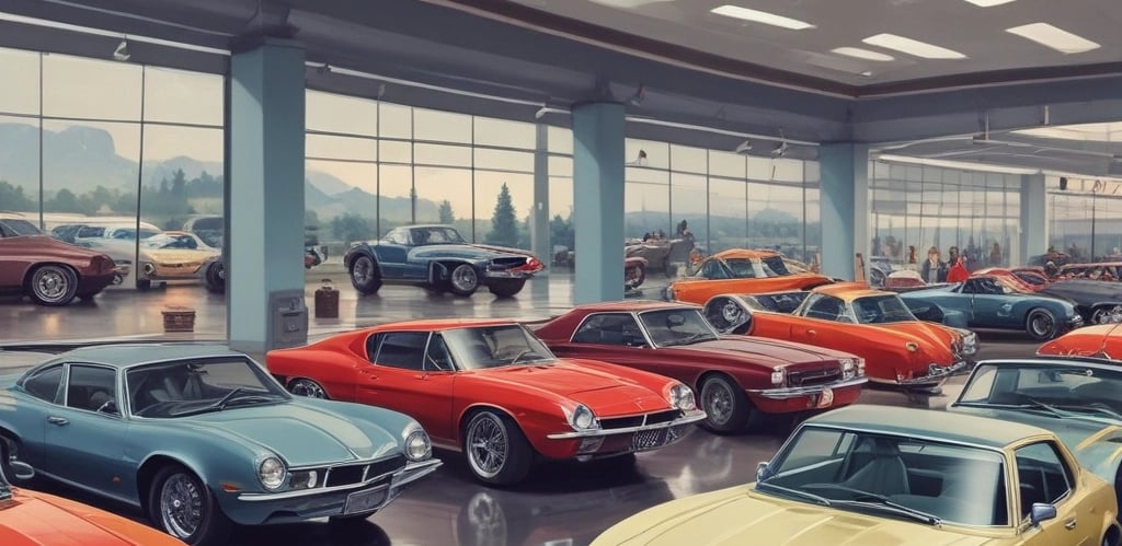 A car dealership is visible with multiple cars parked in rows under bright lights. The sky displays a gradient from orange to deep blue, indicating sunset or early evening. Palm trees are silhouetted against the colorful sky, and there are illuminated signs with the Ford logo.