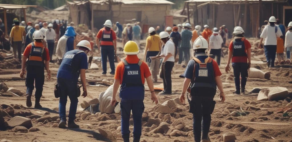 Firefighters wearing red protective suits and metallic helmets are using a hose to spray water towards thick white smoke. They are equipped with breathing apparatus and additional gear. In the background, police officers in dark uniforms and helmets stand by a building.