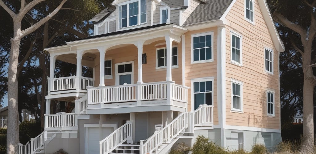 People are working on the interior renovation of a room that appears to be under construction. A worker on a scaffold is painting the ceiling, while others are seated or discussing the progress. The room has smooth, gray walls with arched recesses and a modern design vibe. There are tools and materials scattered around, including a ladder, paint cans, and some rocks or construction debris on the floor. Overhead, stylish pendant lights provide illumination as natural light streams in from windows.