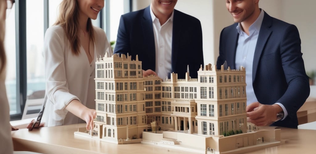 A nighttime urban scene with a modern architectural structure on the left featuring large glass windows and a softly lit interior. In the background, a tall tower with illuminated signage reading 'Sobha Realty' stands out against the dark sky. Street lights and distant skyscrapers enhance the cityscape, while the road is framed by stainless steel bollards.