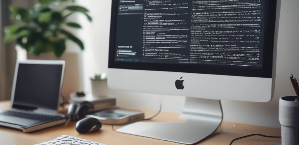 Modern office workspace with technology devices and digital interface.