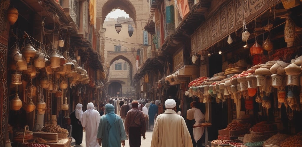 A colorful display at a market stall featuring a variety of packaged goods, spices, nuts, dried fruits, and bottles of oils and spirits. The assortment of products is neatly arranged, with saffron prominently indicated by a yellow sign in both English and Arabic. The well-lit space showcases a vibrant and organized selection, capturing the lively ambiance of a market setting.