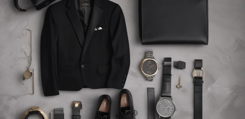 A neatly arranged collection of fashion accessories, including a beige handbag with a metallic clasp and tassel, a small plush teddy bear with a burgundy ribbon, and a pair of black-framed eyeglasses. The items rest on a textured background with floral patterns and typography. Several pieces of jewelry, such as rings, earrings, and a black bracelet, are placed on a magazine with a glossy page featuring more accessories.