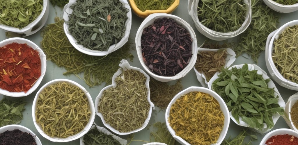 Multiple boxes of herbal tea products are arranged on a speckled surface. Each box is uniquely colored, featuring a distinctive design with bold letters and branding, including product names like 'Elixir Detox AGATA' and 'Elixir Relax PIETRA DI LUNA'. The colors range from purples and greens to browns, with prominent logos displayed on each box.