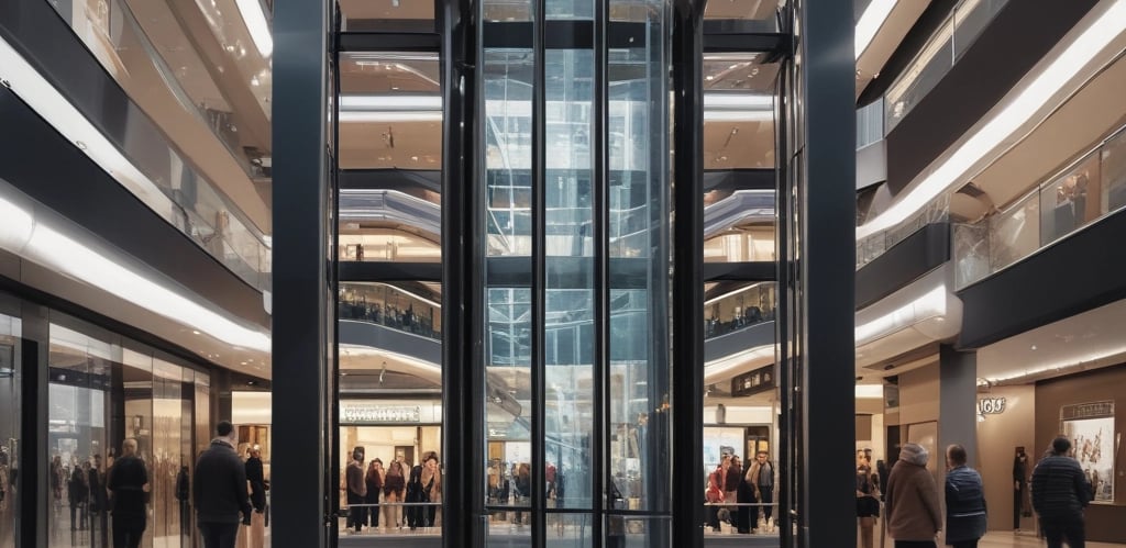 An escalator is ascending towards a well-lit area featuring an elevator. The scene is mostly metallic with reflections on the escalator sides, and overhead lighting provides a dim glow.