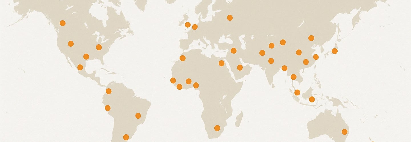 a map of a world map with orange dots
