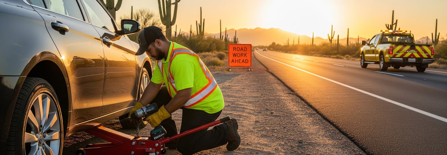 Roadside Assisstance Technician Changing tire on the side of the road in the desert