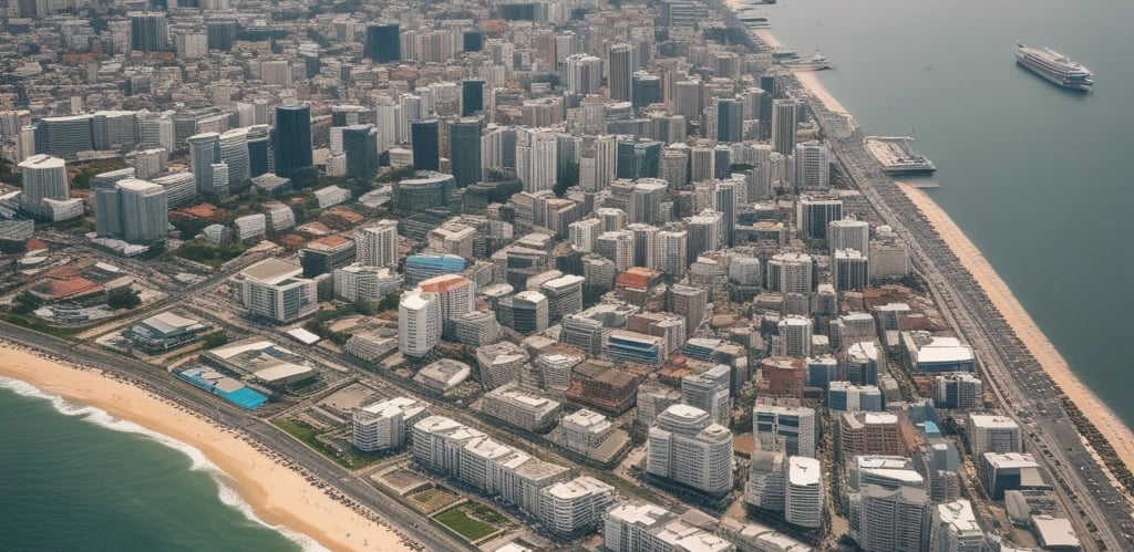 A cityscape with a real estate sign in the foreground, prominently displaying the name and phone number. Surrounding the sign are various buildings with different architectural styles, some with scaffolding and green netting. The scene features a mix of older, worn structures alongside modern glass-fronted buildings. Power lines and construction materials add to the urban complexity.