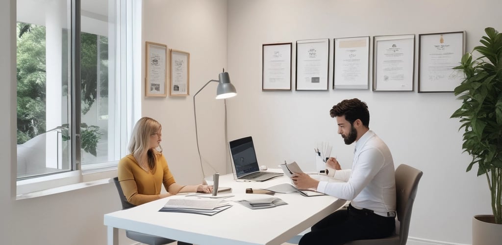 A professional consultation setting with a medical professional sitting at a desk facing a client. The room has a modern with white walls decorated with framed certificates. The desk is organized with office supplies, a laptop, and a fruit bowl in the center.