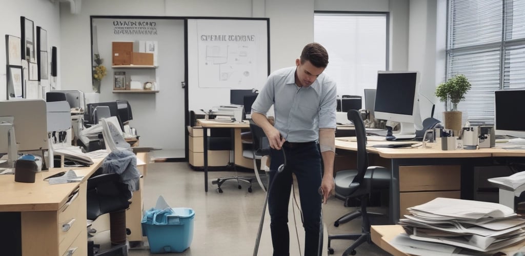 A smiling cleaning professional carefully washing a large window in a modern office.