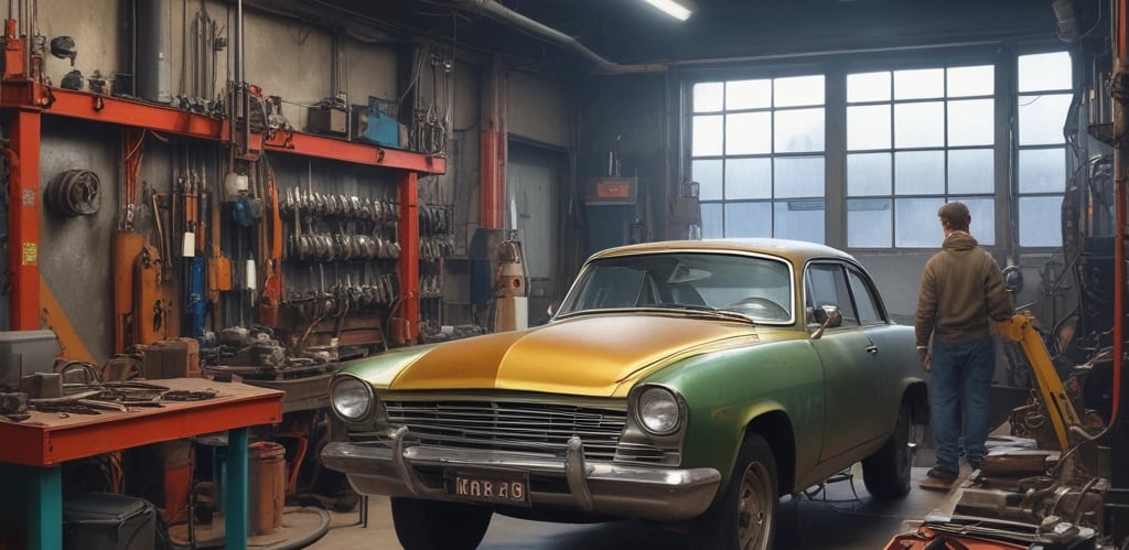 Workshop with skilled mechanics repairing a car frame.