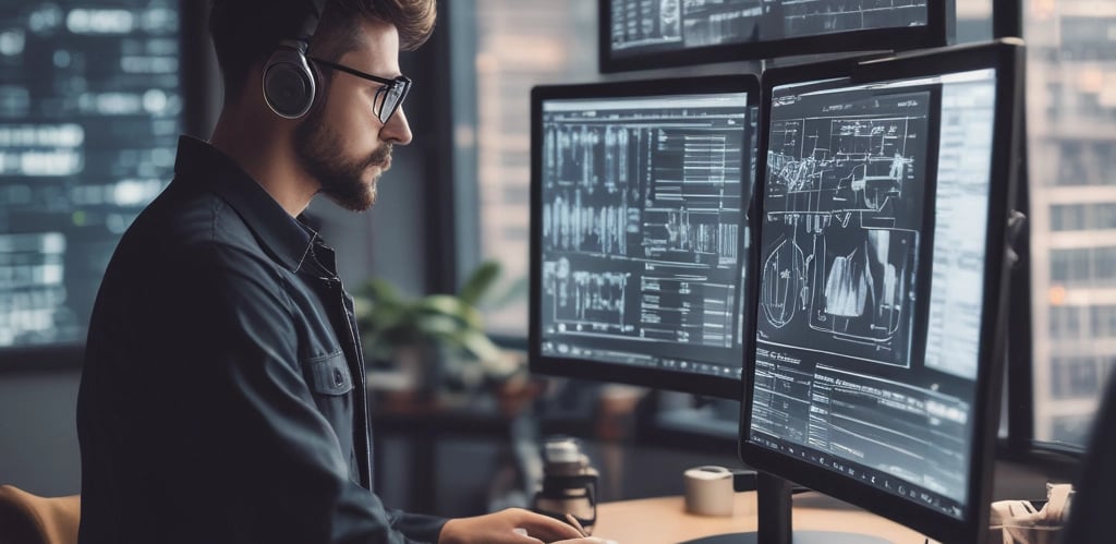 A focused developer working late, coding a sleek web application interface on multiple monitors.