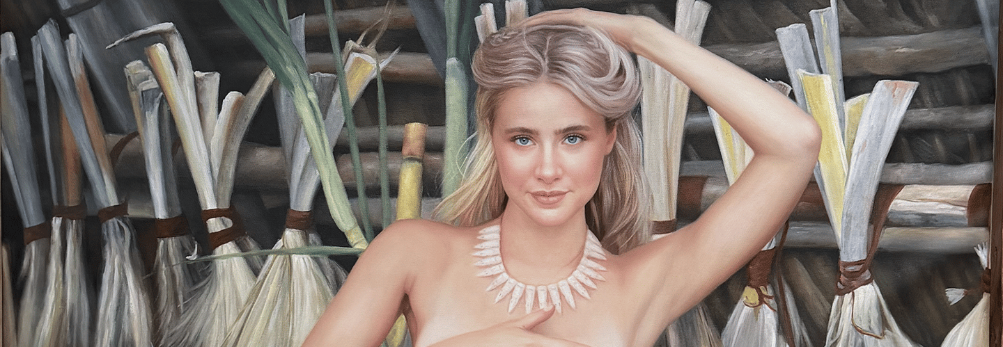 Oil painting of a blonde woman with a shell necklace posing in front of a rustic thatched background.