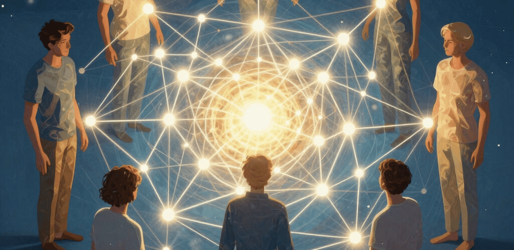 A serene workspace with soft natural light, a journal, and a cup of herbal tea symbolizing calm and reflection.