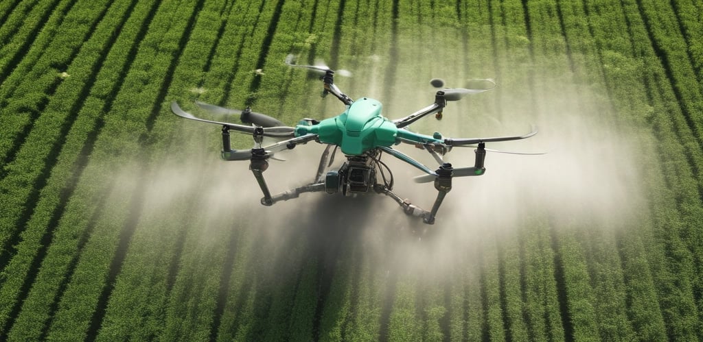 Agricultural drone flying over a vast green field spraying crops with precision.