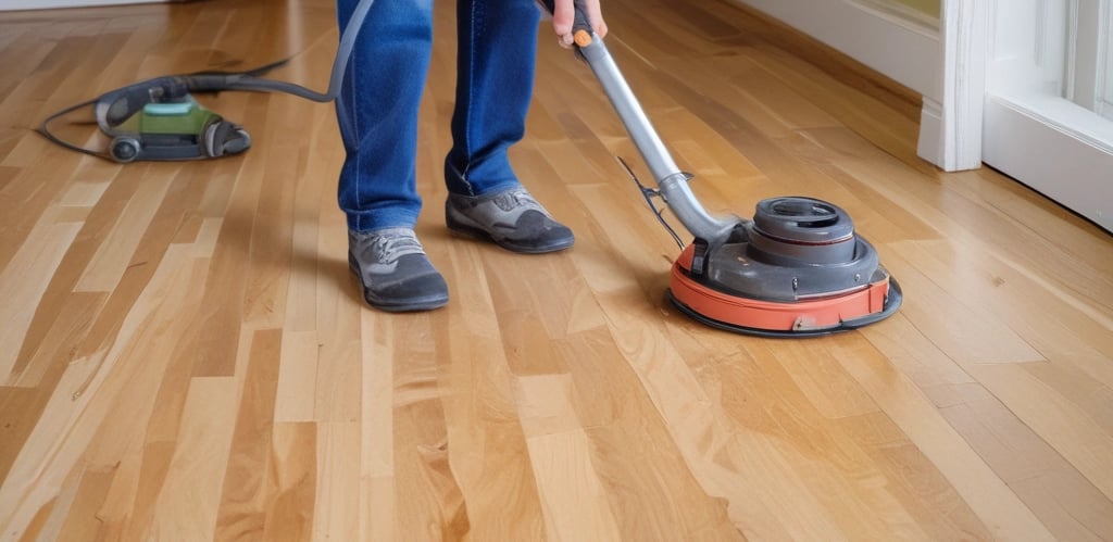A skilled installer fitting hardwood flooring in a bright, cozy living room.
