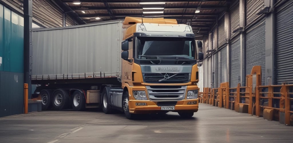 A sleek black and gold delivery truck speeding along a futuristic highway at dusk.